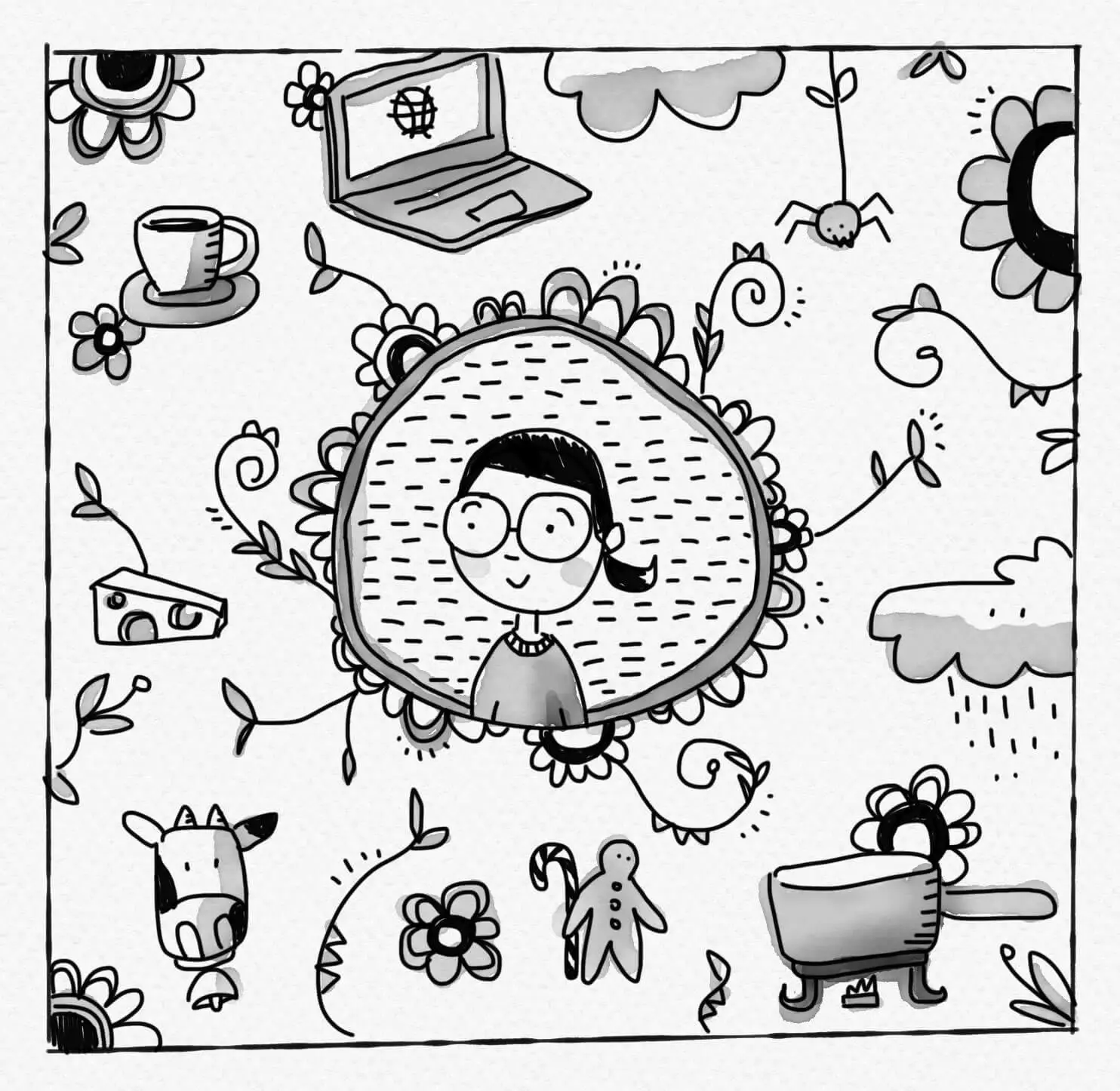 Black and white doodling of myself surrounded by things I like