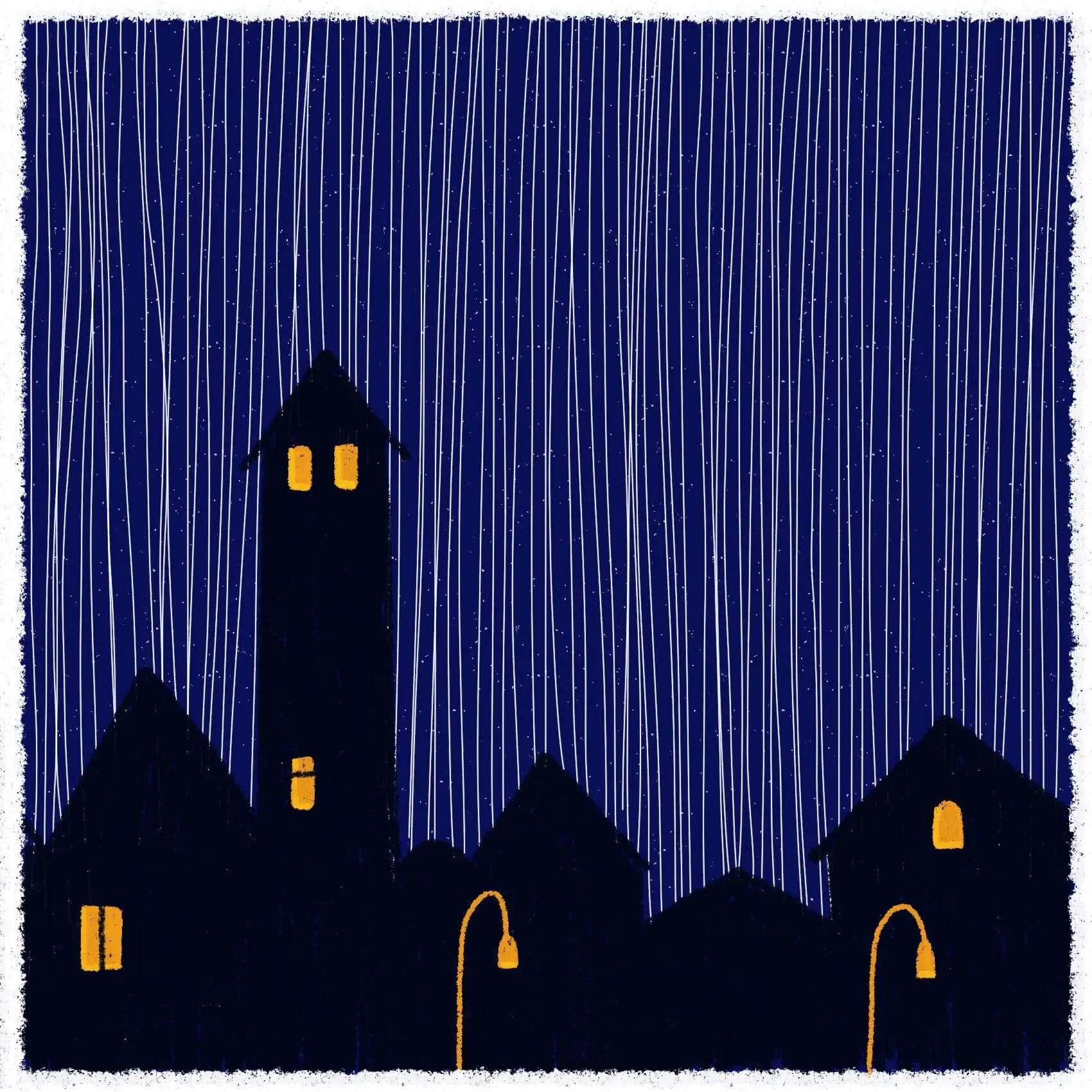 Drawing of a village on a rainy night