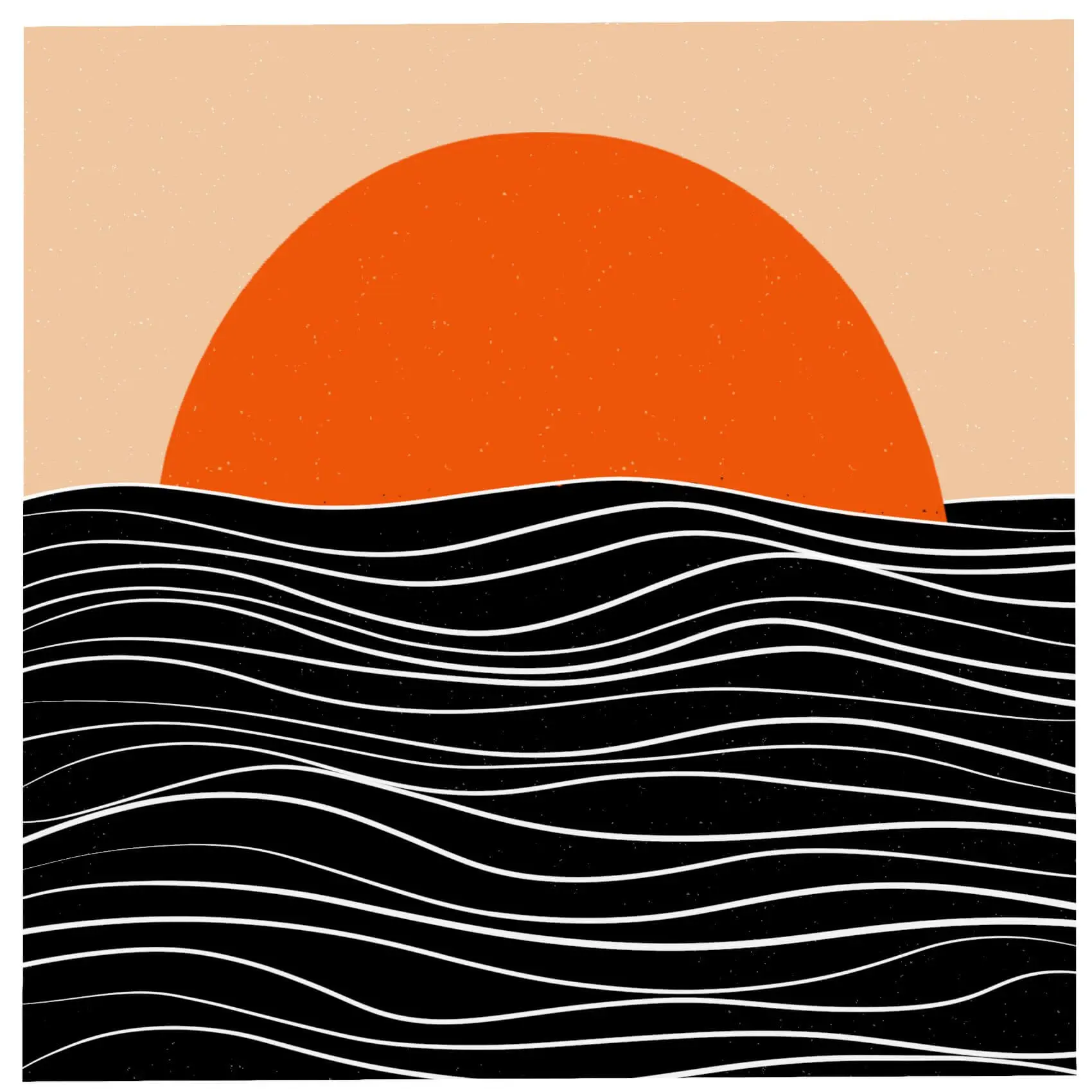 3-color minimalist drawing of a red sun setting into the sea