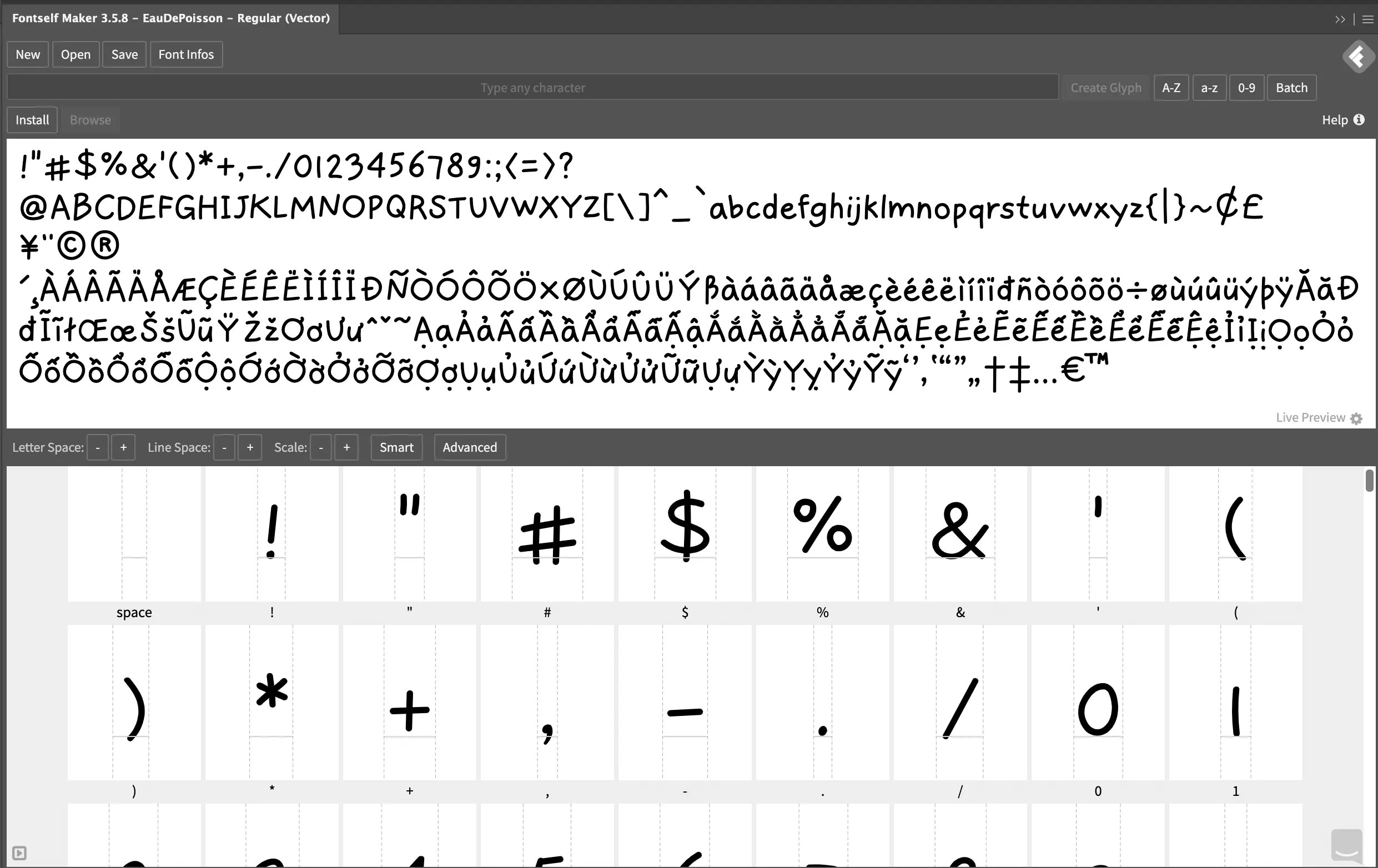 Overview of all characters in the Fontself plugin